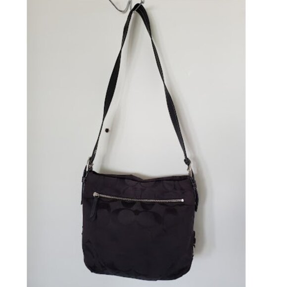 Coach Signature C Black-on-Black Nylon Hobo Shoulder Bag with Leather Trim Y2K - Picture 7 of 14